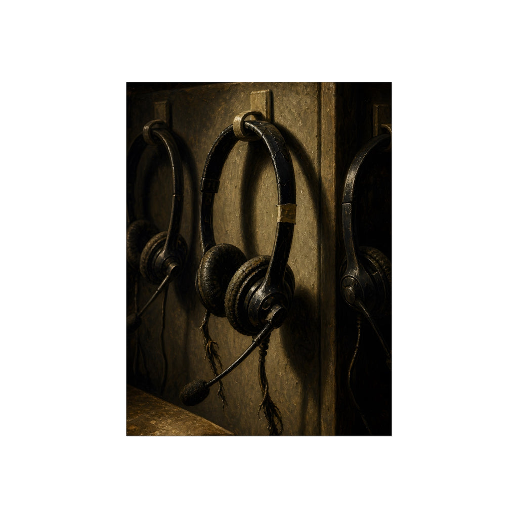 Three worn call center headsets hanging on wall hooks in dim light. The Headsets Left Hanging by Garabaggio, fine art print, 12″ x 16″.