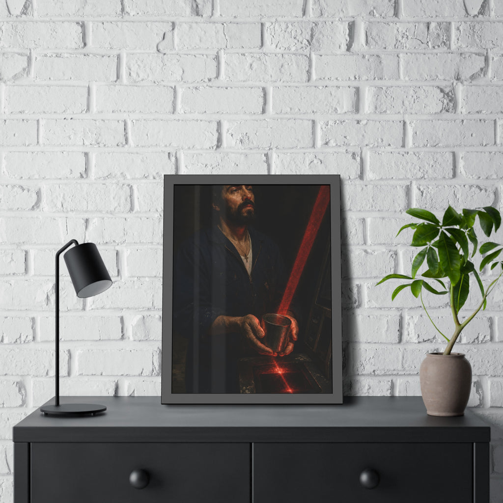 A man in blue coveralls holding a metal cup in a red scanner beam. The First Scan by Garabaggio, framed fine art print hanging in a room.