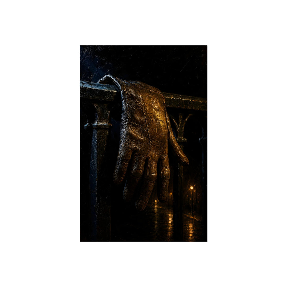 A leather glove draped over an iron railing, fingers hanging. The Repose of the Leather Glove, No. 1 by Garabaggio, fine art print hanging in a room.