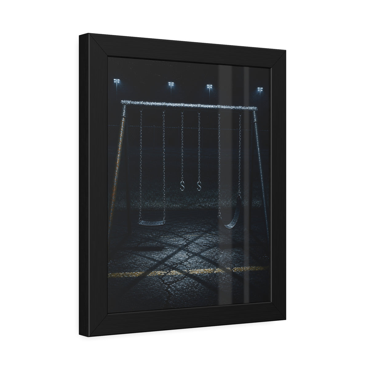 An empty swing set at night, chains still, floodlights far behind it. The Tenth Hour: The Chains Settle by Garabaggio, framed fine art print hanging in a room.