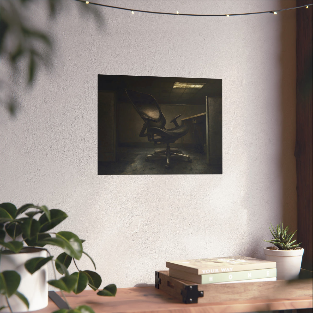 An office chair tilted back in an empty cubicle under one ceiling light. The Ergonomic Chair, Unlocked by Garabaggio, fine art print hanging in a room.