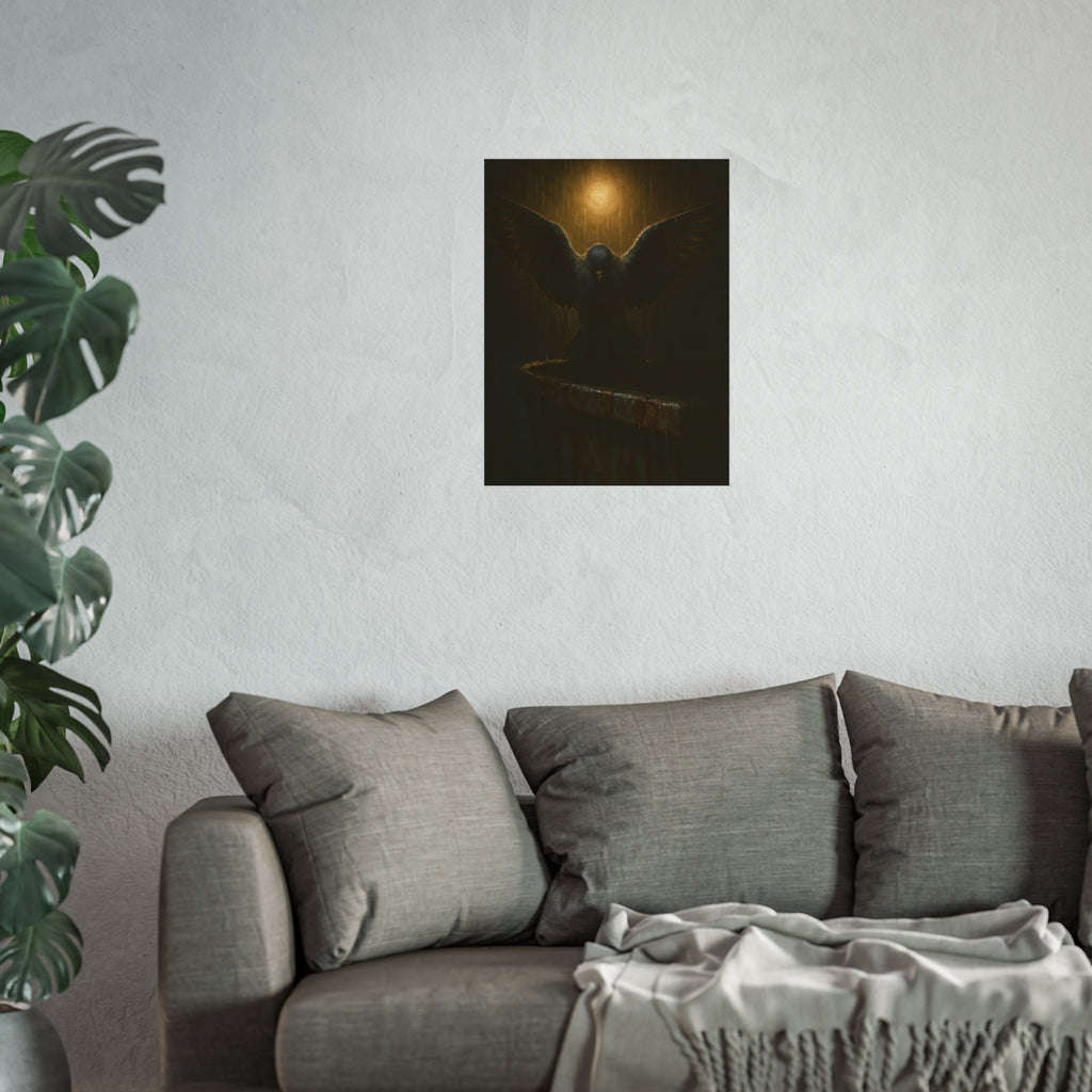 A pigeon with wings spread on a dumpster rim under a lamp in the rain. The Passion (Study in Rain) by Garabaggio, fine art print hanging in a room.
