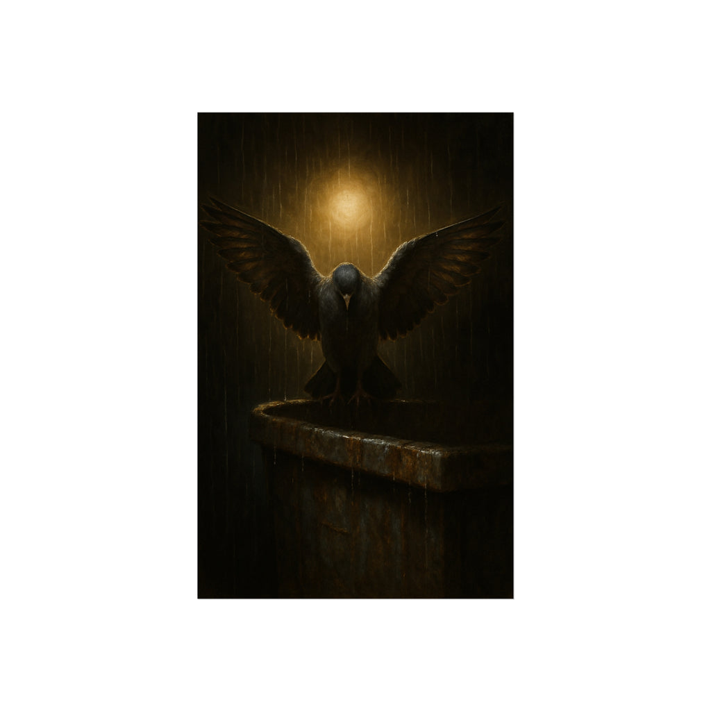 A pigeon with wings spread on a dumpster rim under a lamp in the rain. The Passion (Study in Rain) by Garabaggio, fine art print hanging in a room.