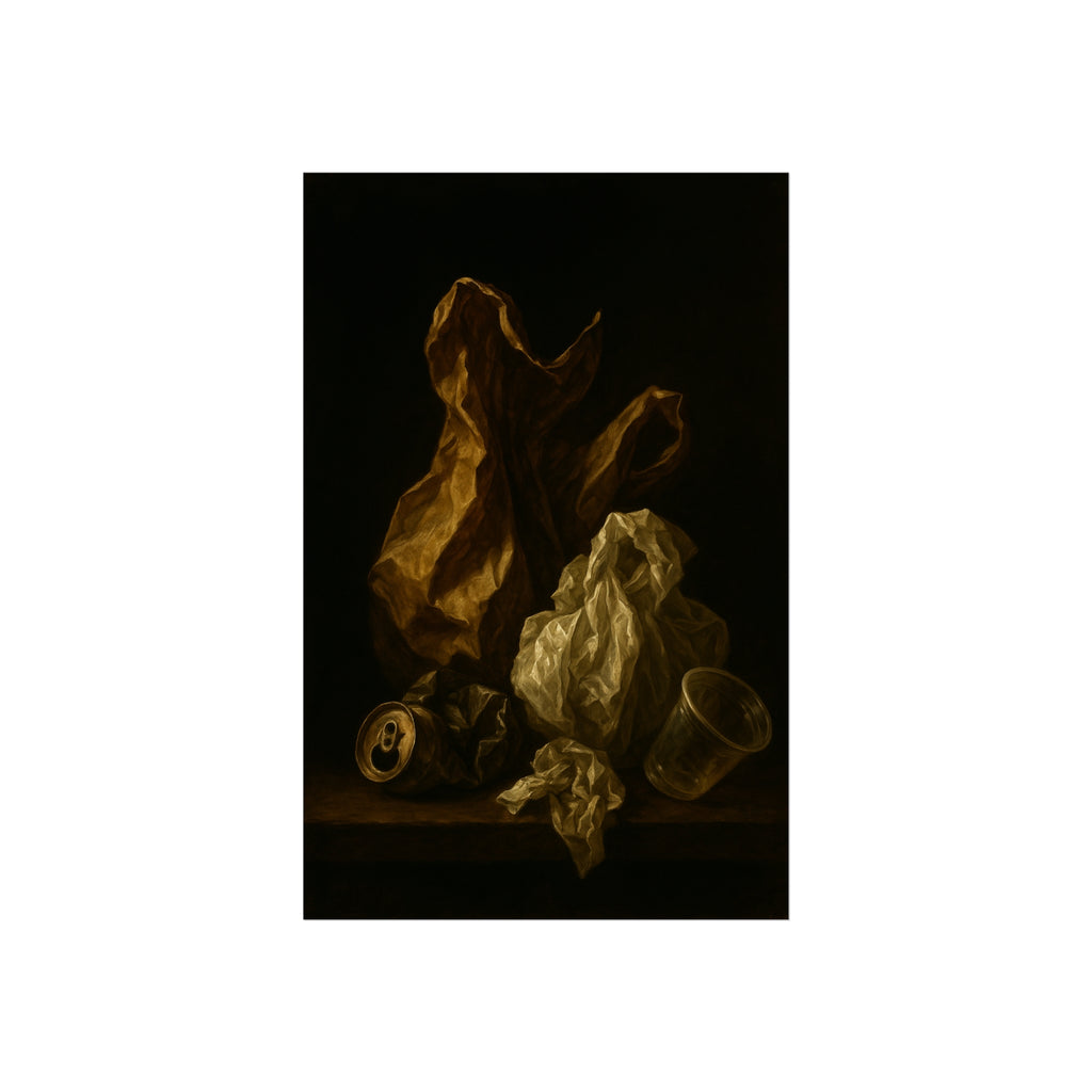 A plastic bag and crumpled paper beside a crushed can and clear cup. The Two Penitents by Garabaggio, fine art print hanging in a room.