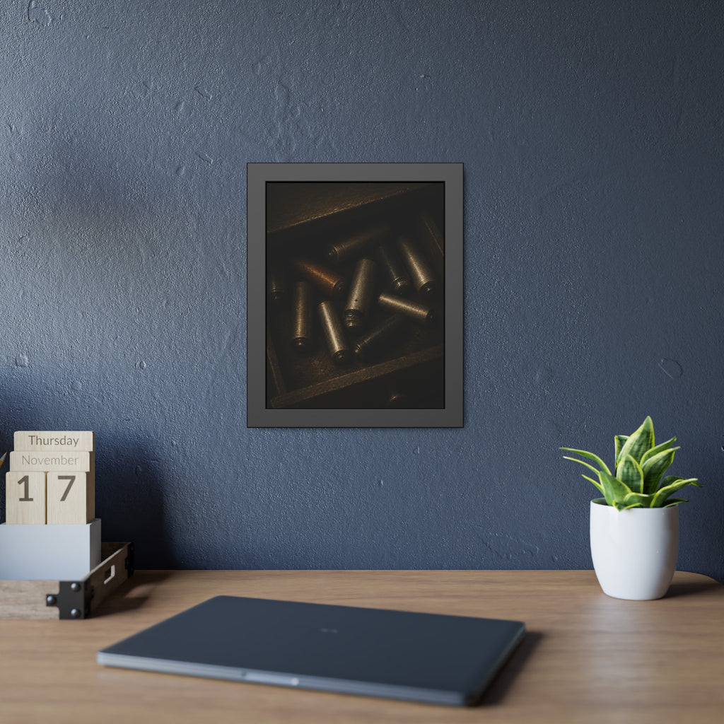 Old batteries loose in an open wooden drawer lit from above. The Drawer Congregation by Garabaggio, framed fine art print hanging in a room.