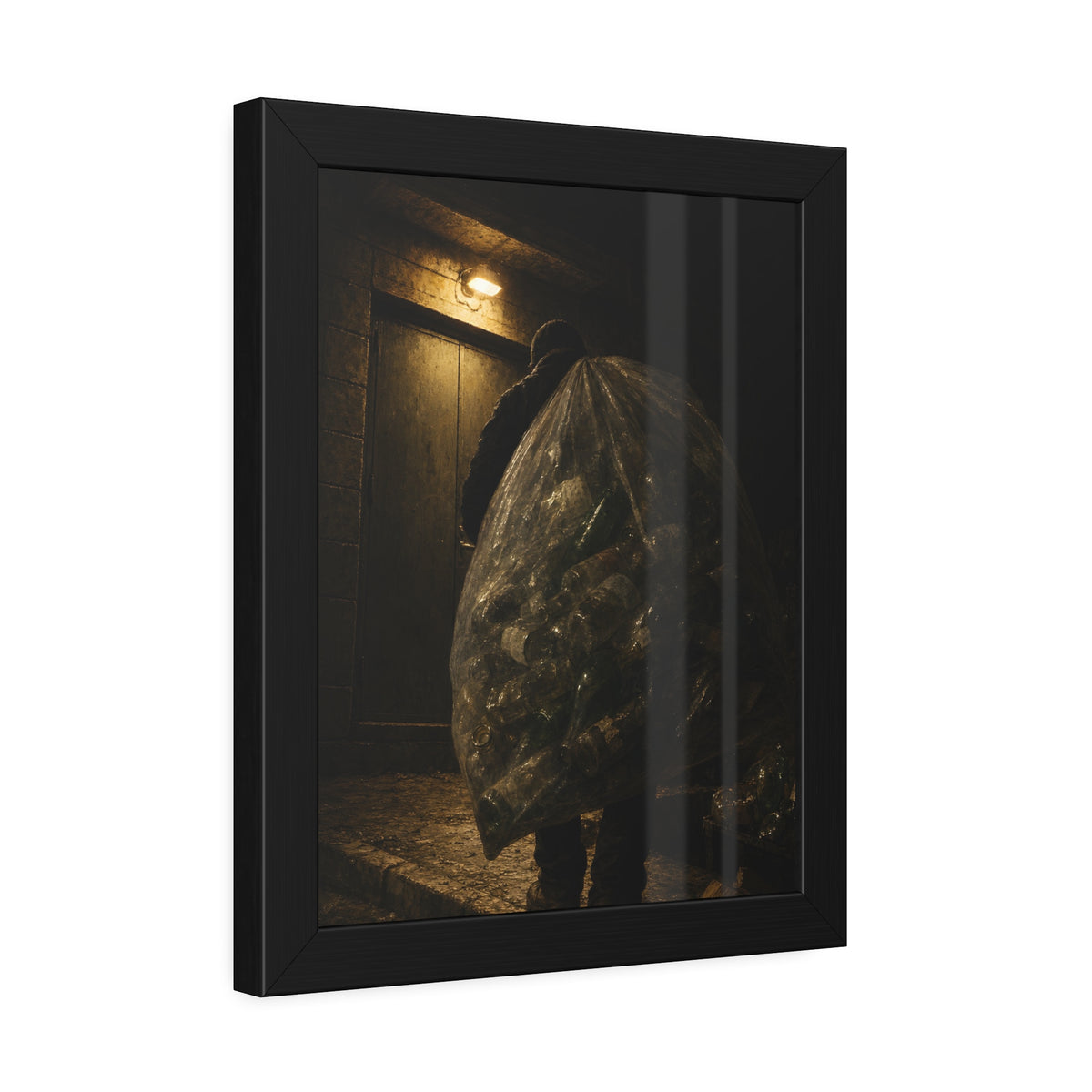 A man carrying a huge bag of bottles past a lit doorway at night. The Bag Carried Before Dawn by Garabaggio, framed fine art print hanging in a room.