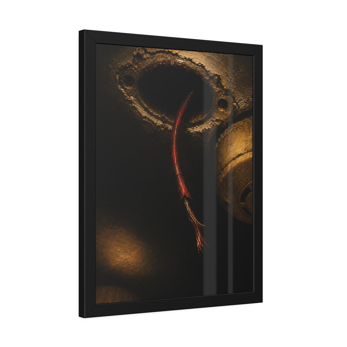 A frayed red wire hanging from a hole in a cracked ceiling. The Loose Red Wire by Garabaggio, framed fine art print hanging in a room.