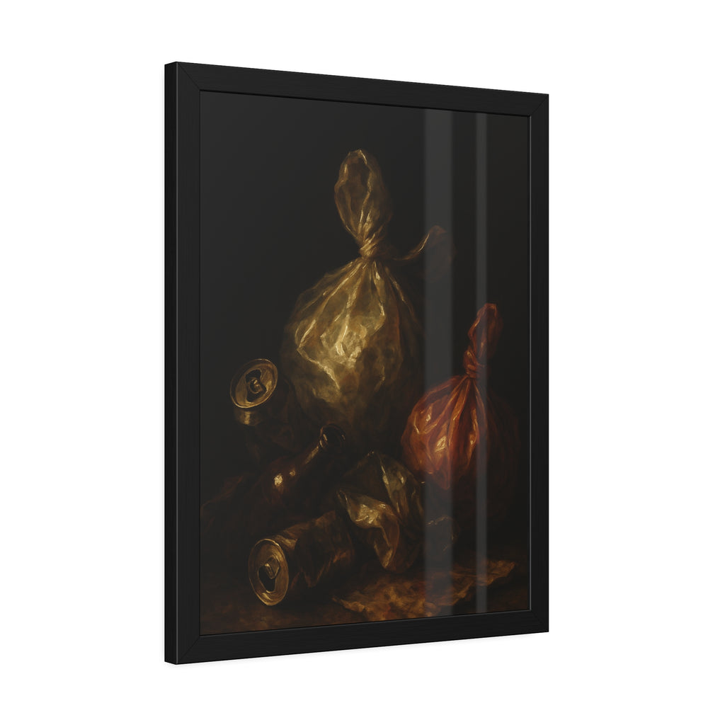Two knotted plastic bags and crushed cans on a dark table. The Knotted Offering by Garabaggio, framed fine art print hanging in a room.