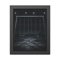 An empty swing set with a rusted leg on cracked asphalt. The Second Hour: The Rust Shaped Like a Hand by Garabaggio, framed fine art print, 11″ x 14″.
