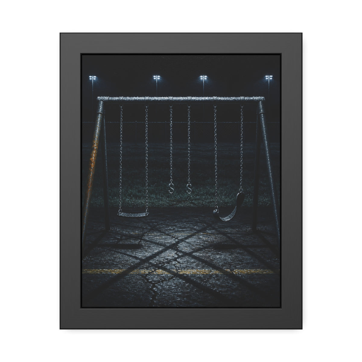 An empty swing set with a rusted leg on cracked asphalt. The Second Hour: The Rust Shaped Like a Hand by Garabaggio, framed fine art print, 11″ x 14″.