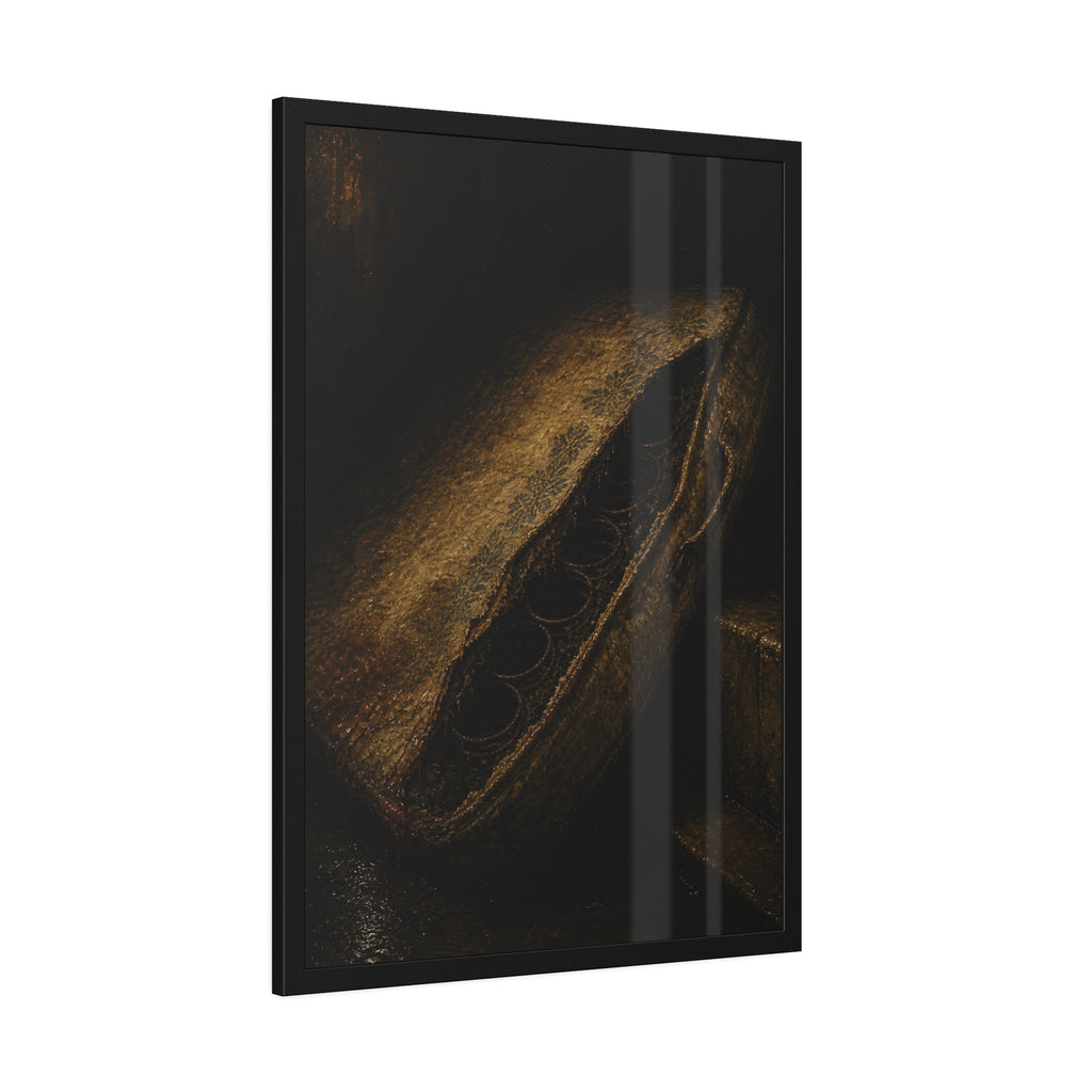 A torn mattress propped on its side, coil springs showing through the split. The Showing of the Springs by Garabaggio, framed fine art print hanging in a room.