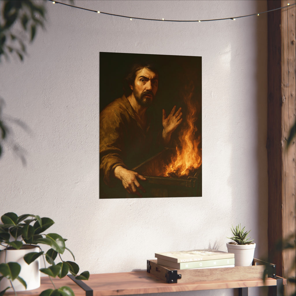 Man gripping the edge of a burning dumpster with one hand raised. Self-Portrait at 3:40 AM by Garabaggio, fine art print hanging in a room.