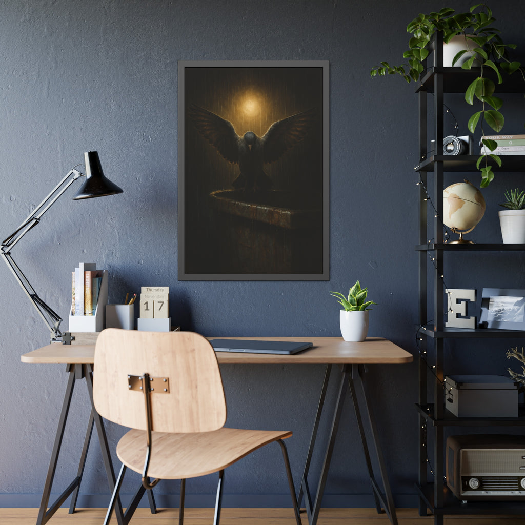A pigeon with wings spread on a dumpster rim under a lamp in the rain. The Passion (Study in Rain) by Garabaggio, framed fine art print hanging in a room.