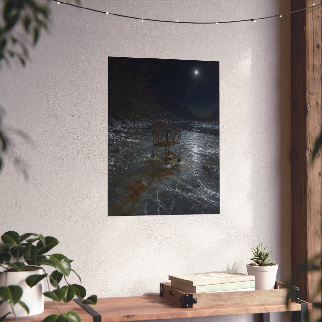 A rusted shopping cart frozen into moonlit river ice. The Wintering in the Ice by Garabaggio, fine art print hanging in a room.
