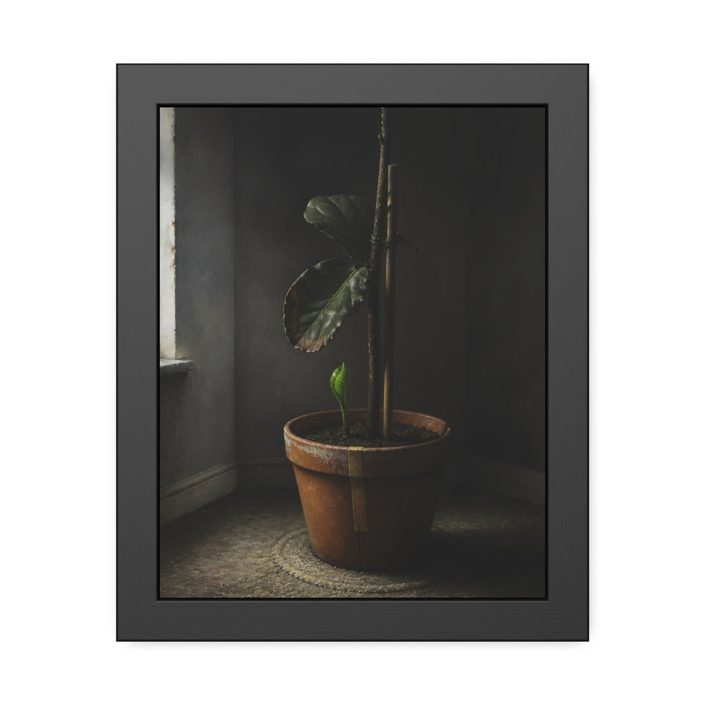A potted plant down to two curled leaves and one new sprout by a window. The Corner by the Window Again by Garabaggio, framed fine art print, 11″ x 14″.