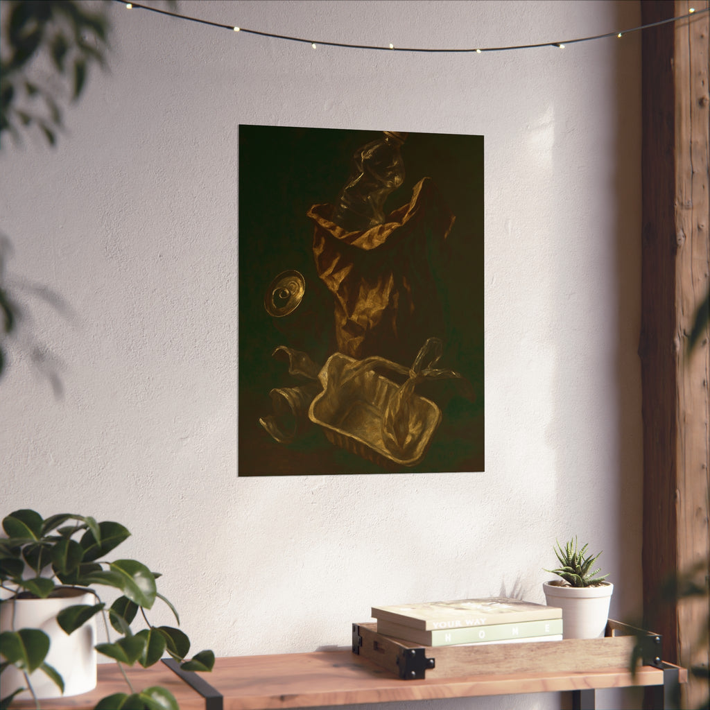 A paper bag, crushed bottle and foil tray lit against deep darkness. Reliquary of the Takeout by Garabaggio, fine art print hanging in a room.