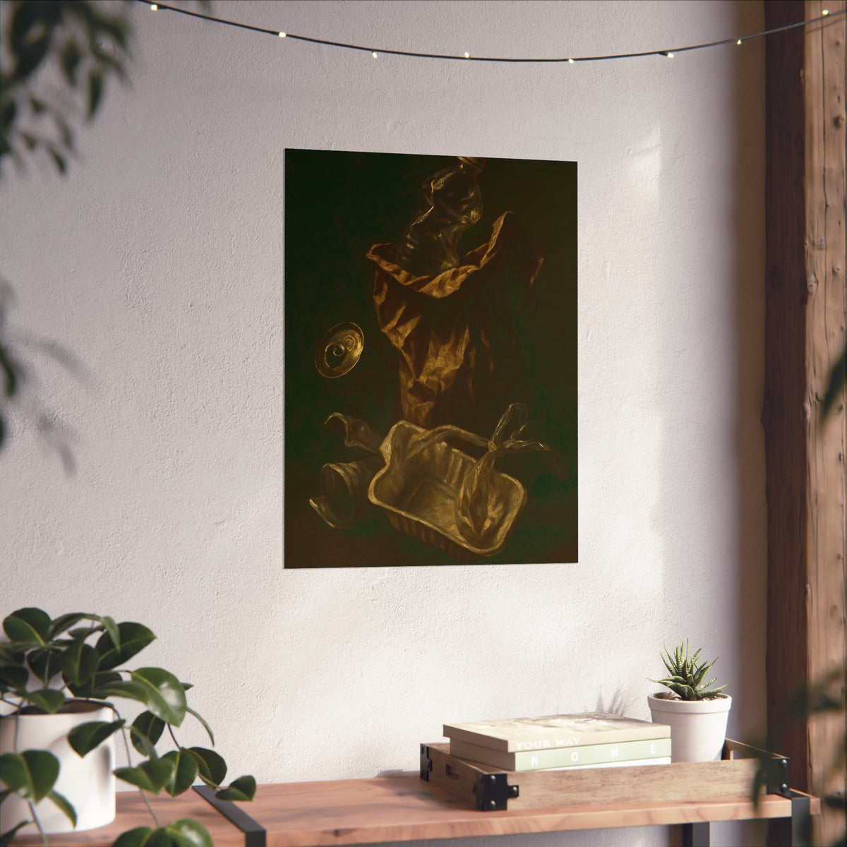 A paper bag, crushed bottle and foil tray lit against deep darkness. Reliquary of the Takeout by Garabaggio, fine art print hanging in a room.