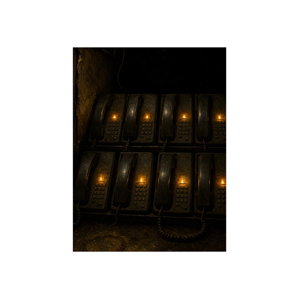 Rows of wall phones, each keypad lit by a small amber flame. The Votive Lights of the Hold Queue by Garabaggio, fine art print, 12″ x 16″.