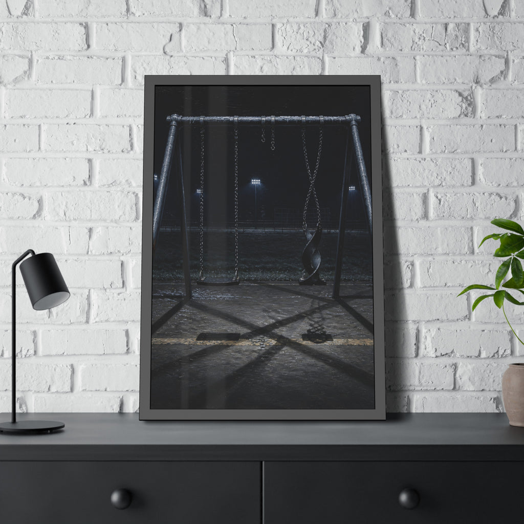 An empty swing set at night with one seat twisted up on its chains. The First Hour: The Twisted Seat by Garabaggio, framed fine art print hanging in a room.