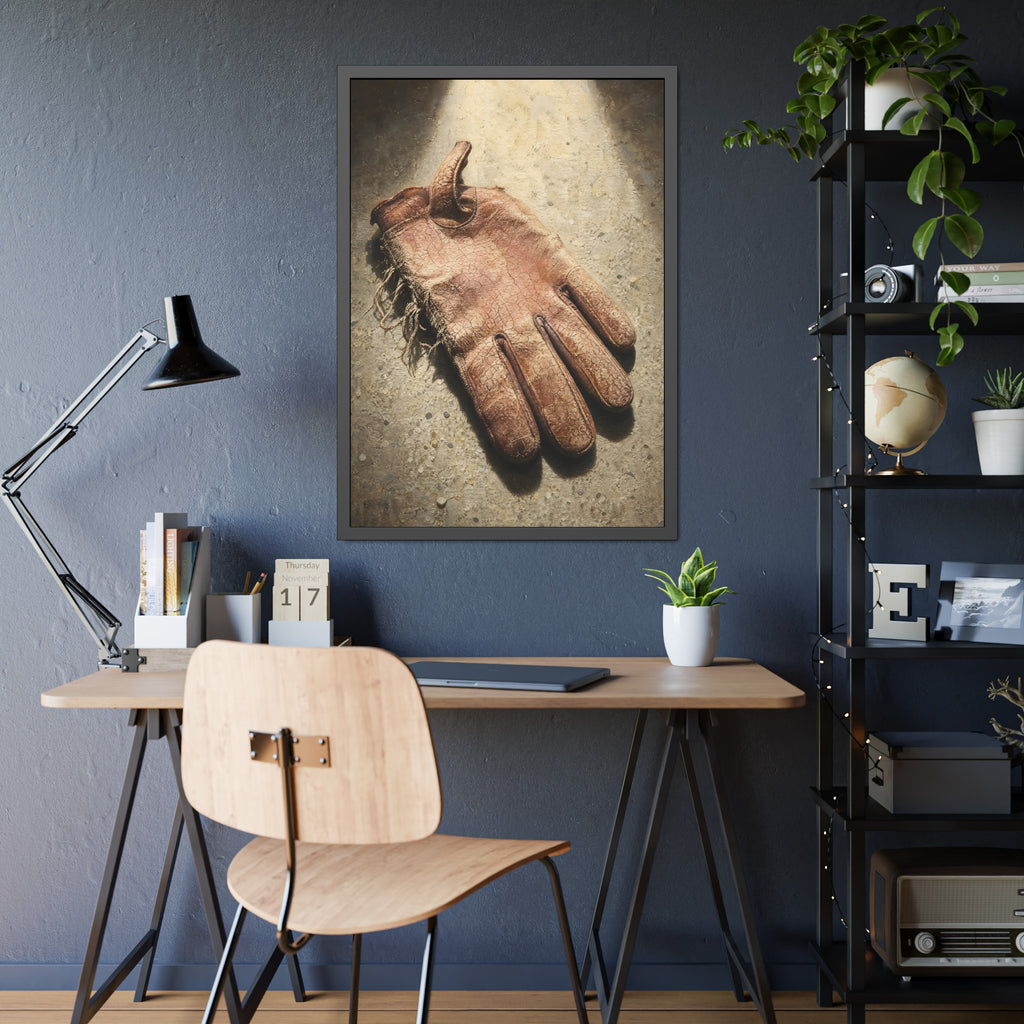A cracked leather work glove lying on bright sunlit concrete. The Bleaching, Study of a Sun-Tired Glove by Garabaggio, framed fine art print hanging in a room.