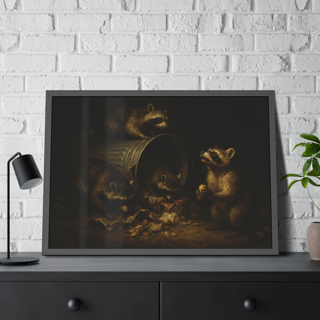 Four raccoons around a toppled metal trash can in the dark. The Last Bite by Garabaggio, framed fine art print hanging in a room.