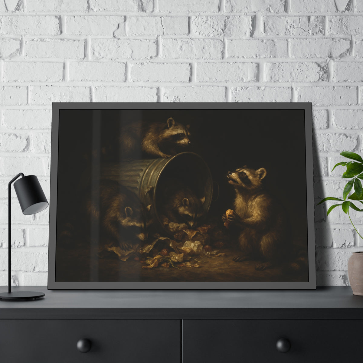 Four raccoons around a toppled metal trash can in the dark. The Last Bite by Garabaggio, framed fine art print hanging in a room.