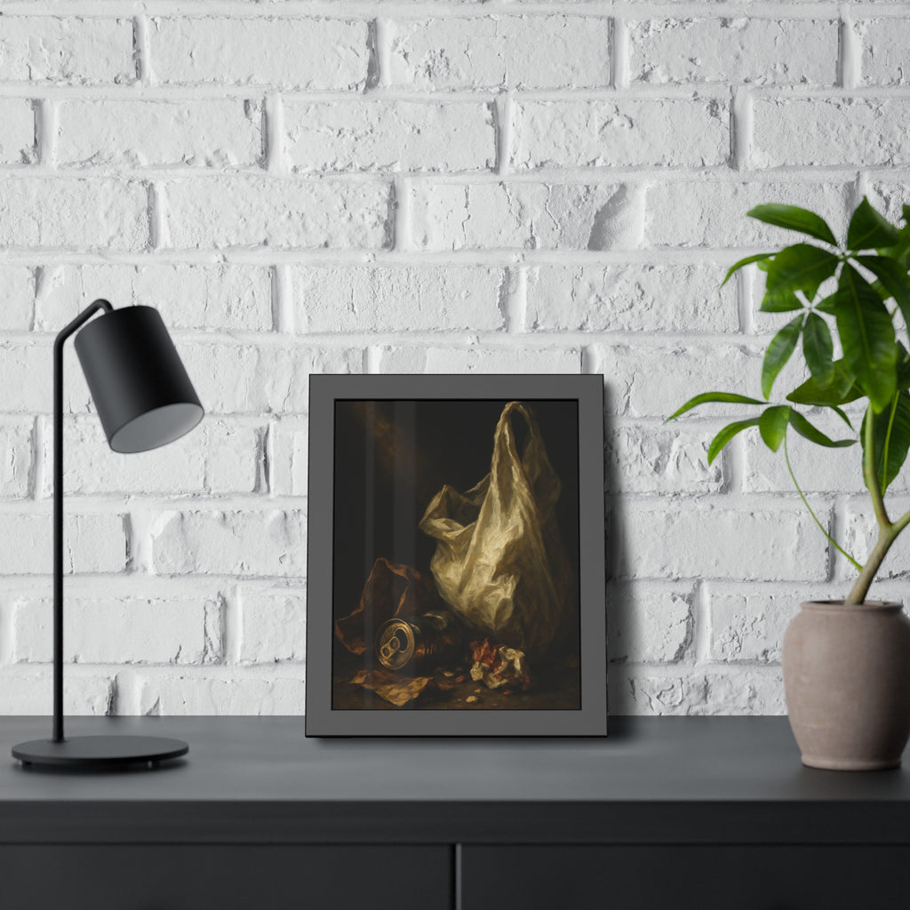 A white plastic bag standing upright in a shaft of light. The Annunciation of the Plastic Bag by Garabaggio, framed fine art print hanging in a room.