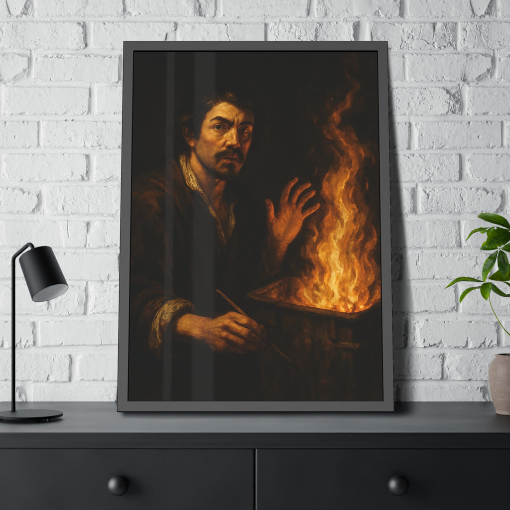 Man holding a paintbrush, his other hand raised beside tall flames. Self-Portrait with Brush and Flame by Garabaggio, framed fine art print hanging in a room.