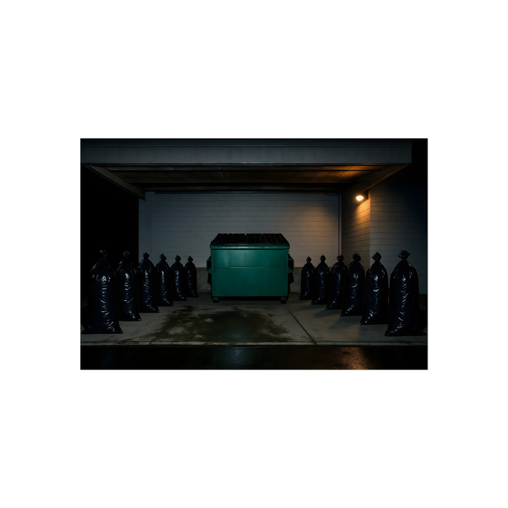 A green dumpster flanked by rows of black garbage bags under a lamp. Night Watch of the Loading Dock by Garabaggio, fine art print hanging in a room.