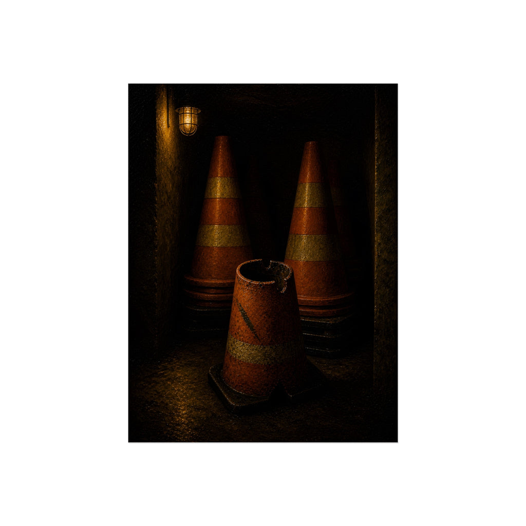 Stacked traffic cones behind a crushed one under a caged wall lamp. The Multiplication of Cones by Garabaggio, fine art print, 12″ x 16″.