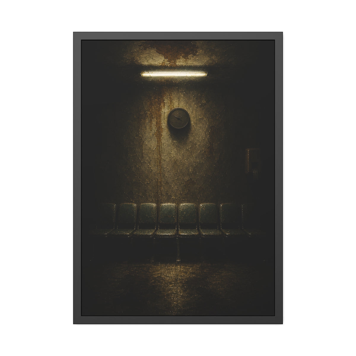 Empty waiting room seats below a stained wall clock and a strip light. Afternoon Without Movement by Garabaggio, framed fine art print, 28″ x 40″.