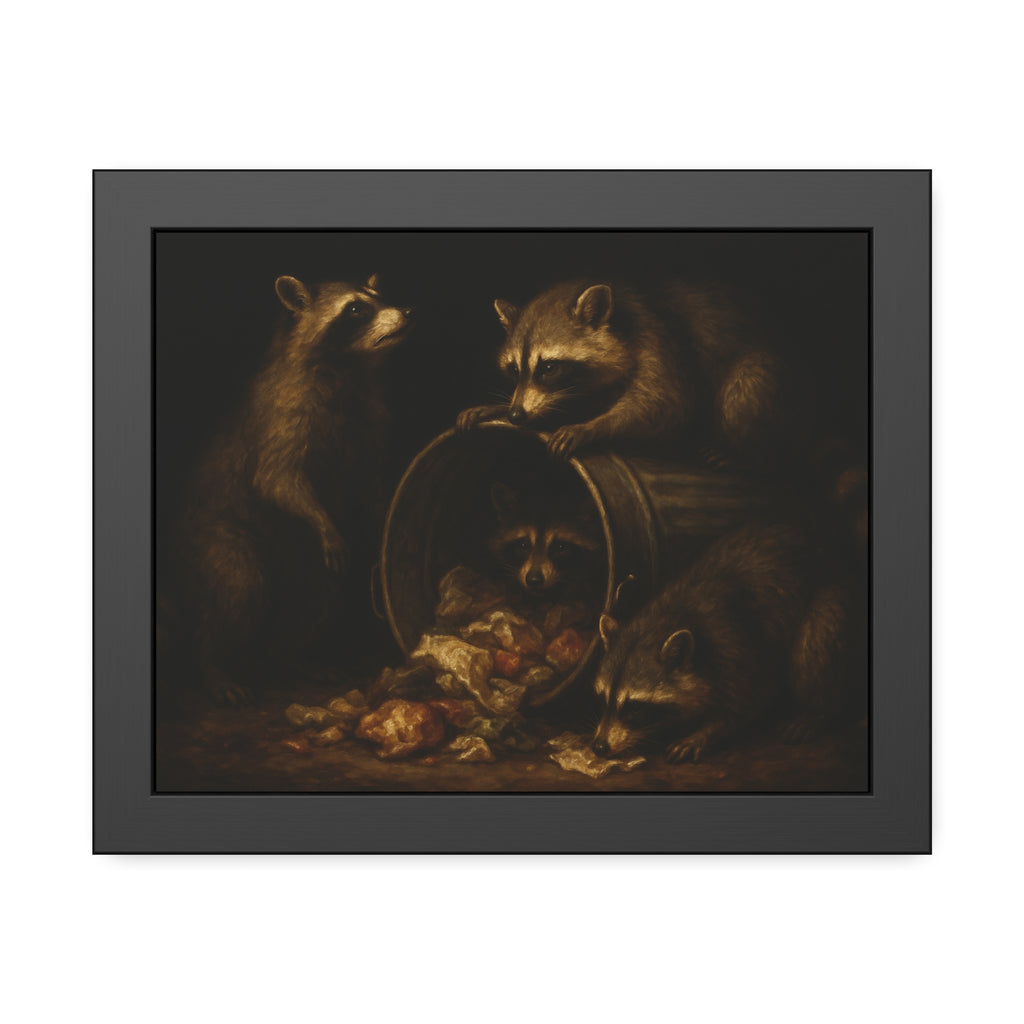 Four raccoons around a tipped metal trash can spilling food scraps. The Crowning with Crumbs by Garabaggio, framed fine art print, 14″ x 11″.