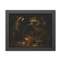 Four raccoons around a tipped metal trash can spilling food scraps. The Crowning with Crumbs by Garabaggio, framed fine art print, 14″ x 11″.