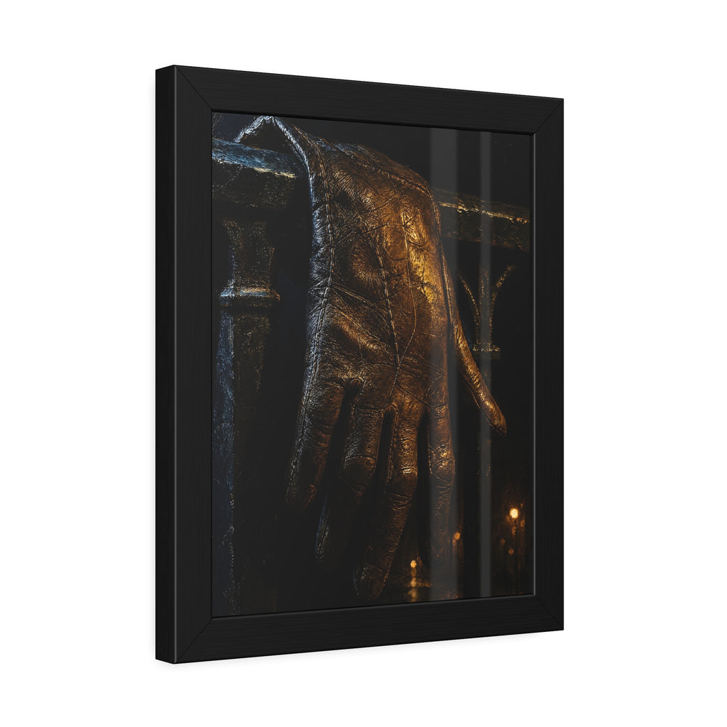 A leather glove draped over an iron railing, fingers hanging. The Repose of the Leather Glove, No. 1 by Garabaggio, framed fine art print hanging in a room.