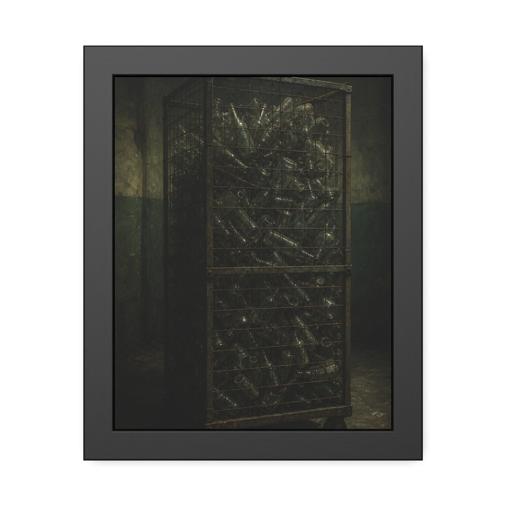 A tall wire cage cart packed with clear bottles in a dim concrete room. The Cage of Clear Glass by Garabaggio, framed fine art print, 11″ x 14″.