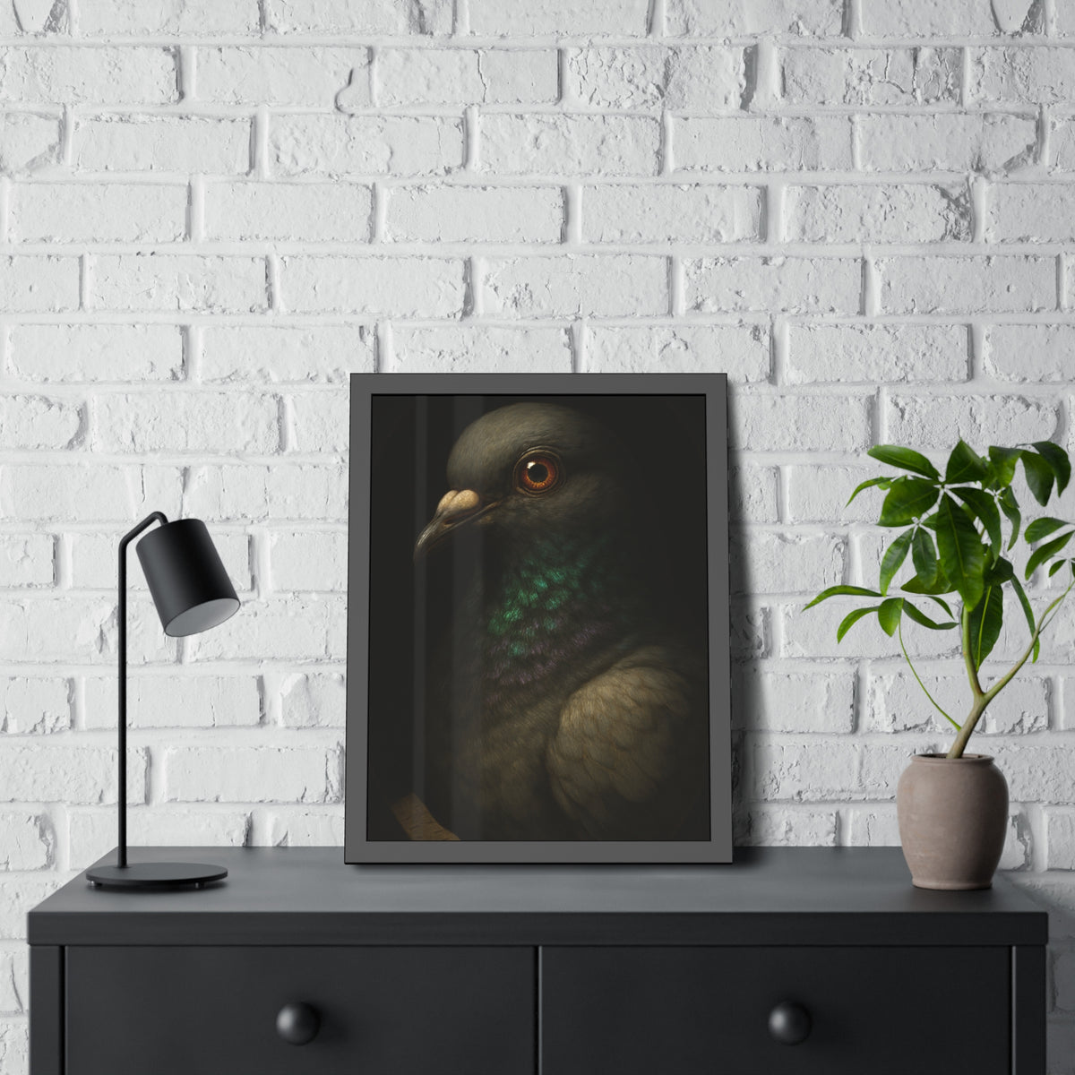 Close portrait of a pigeon with an iridescent green throat. Study of the Holy Messenger, No. 1 by Garabaggio, framed fine art print hanging in a room.