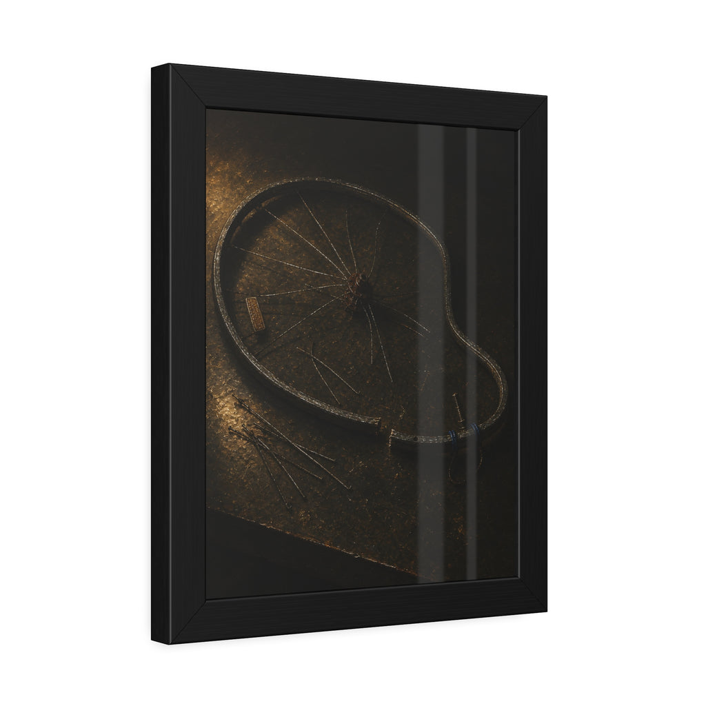 A bent bicycle wheel rim with loose spokes on a dark table in warm light. The Cutting of the Circle by Garabaggio, framed fine art print hanging in a room.