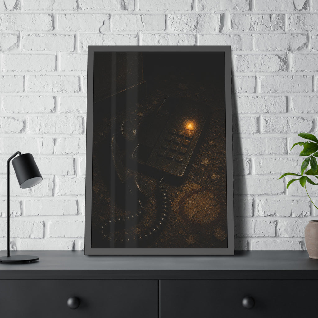 A desk phone with the handset off the hook and one amber light glowing. The Line Still Rings by Garabaggio, framed fine art print hanging in a room.