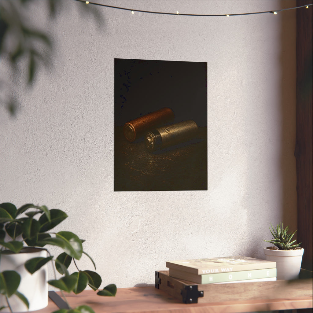 Two spent batteries lying side by side, one rusted, one bare metal. The Second Voice by Garabaggio, fine art print hanging in a room.