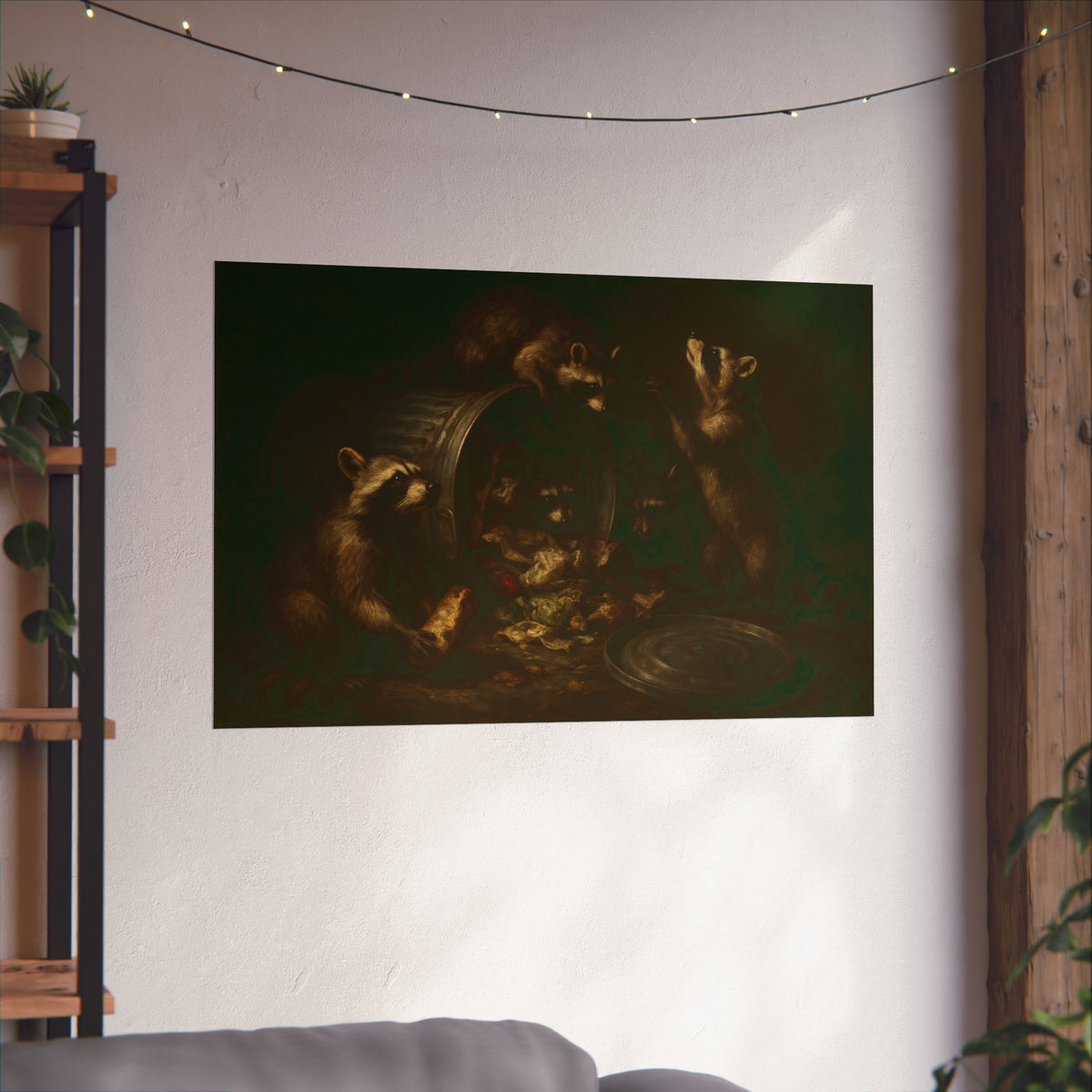 Raccoons around a tipped metal trash can, scattering food scraps. The Vigil of the Midnight Feast by Garabaggio, fine art print hanging in a room.