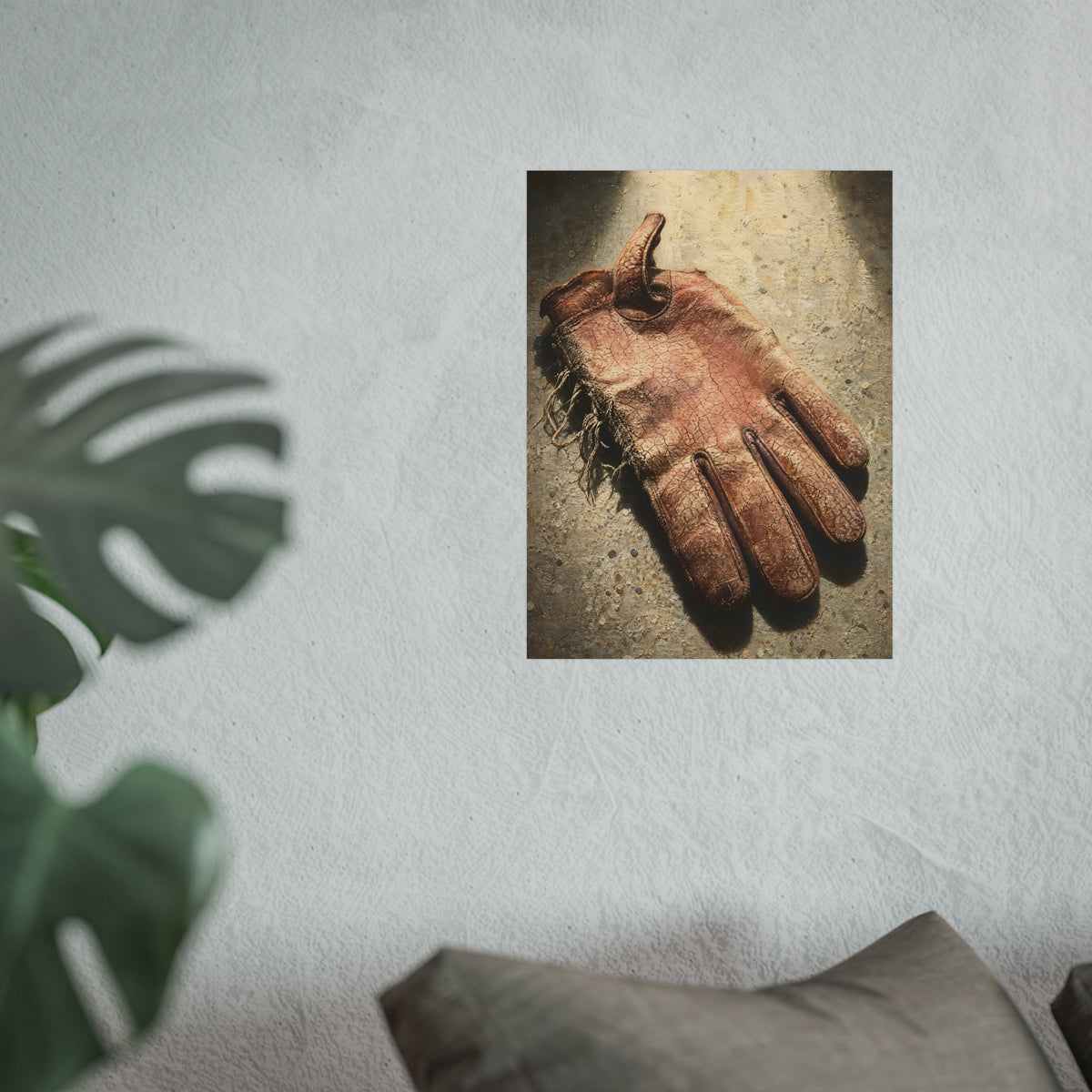 A cracked leather work glove lying on bright sunlit concrete. The Bleaching, Study of a Sun-Tired Glove by Garabaggio, fine art print hanging in a room.
