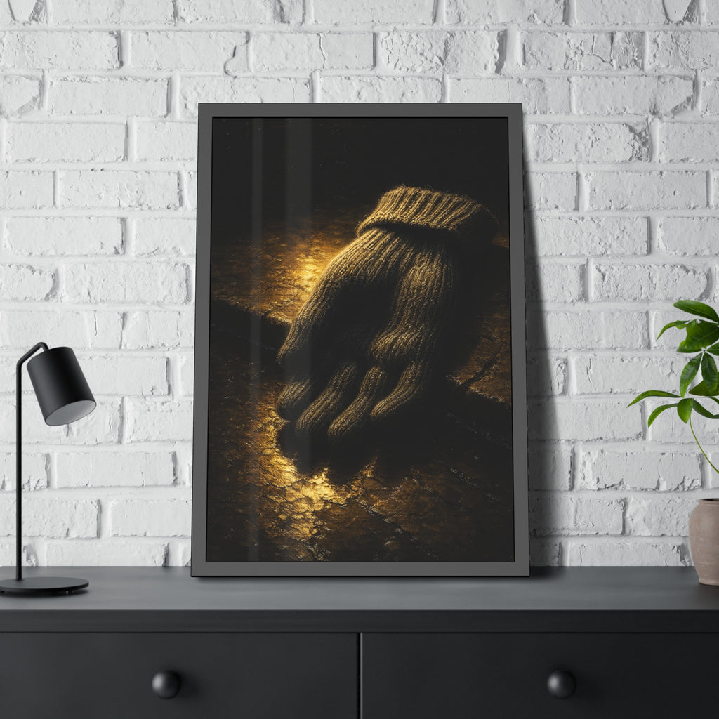 A knitted wool glove palm down on wet stone in gold light. The Presentation of the Woolen Glove by Garabaggio, framed fine art print hanging in a room.