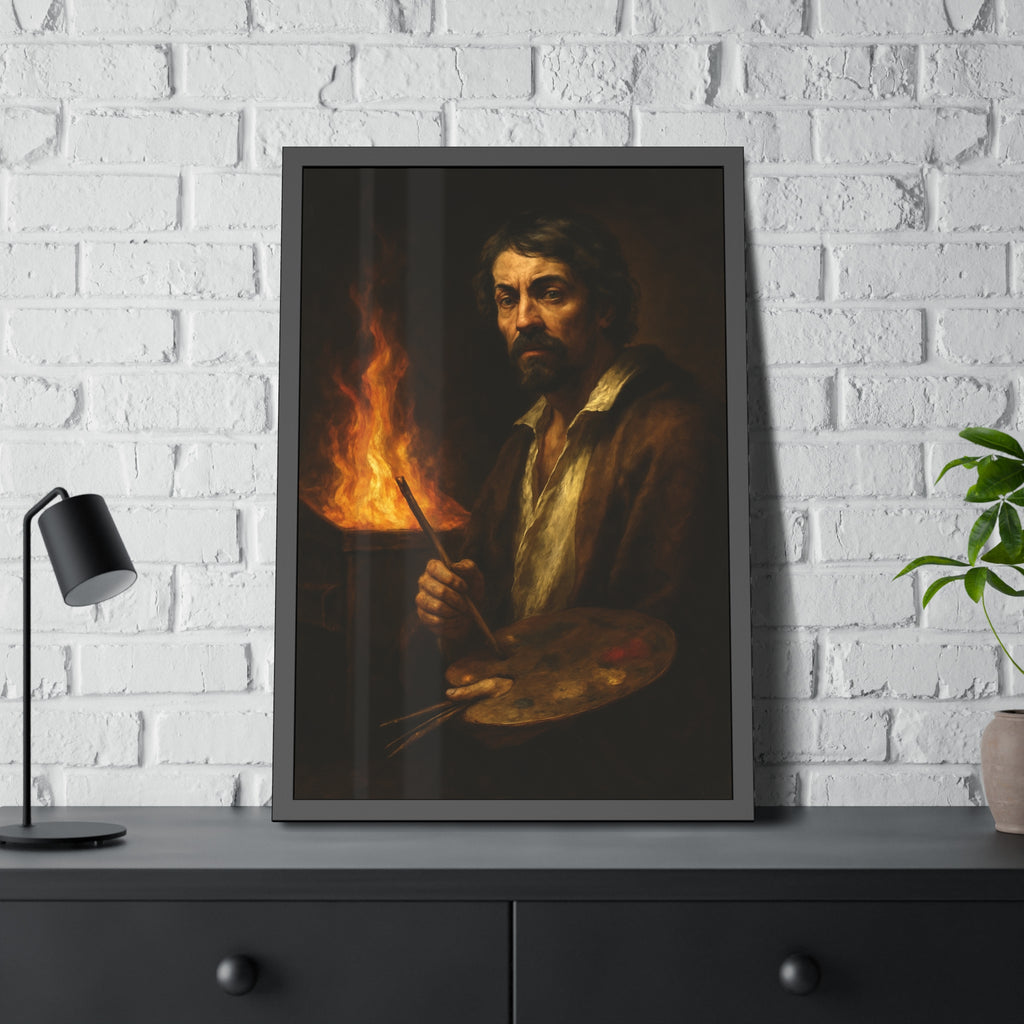 Man holding a palette and brushes, a fire behind him. Self-Portrait with Palette (After Caravaggio) by Garabaggio, framed fine art print hanging in a room.