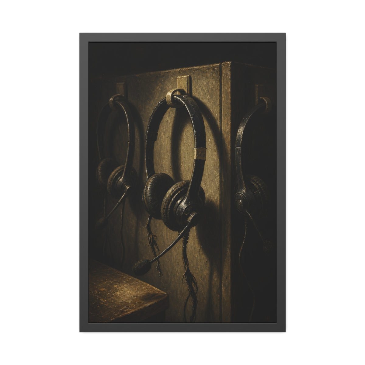 Three worn call center headsets hanging on wall hooks in dim light. The Headsets Left Hanging by Garabaggio, framed fine art print, 24″ x 36″.