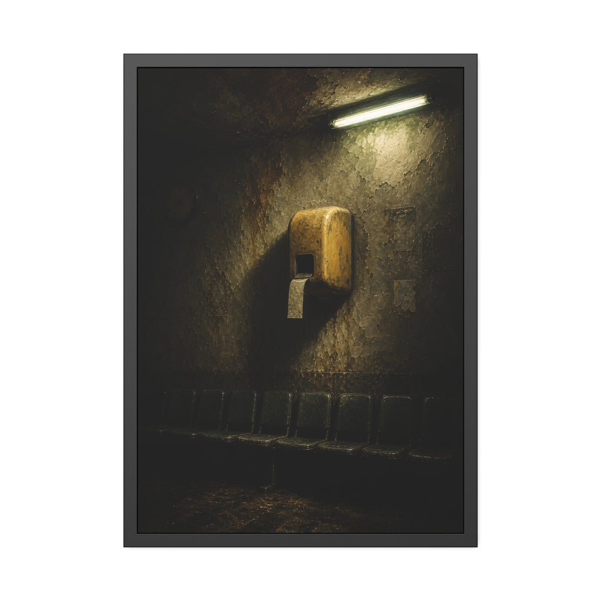 Yellow ticket dispenser on a stained wall above empty seats. Before the First Name by Garabaggio, framed fine art print, 28″ x 40″.