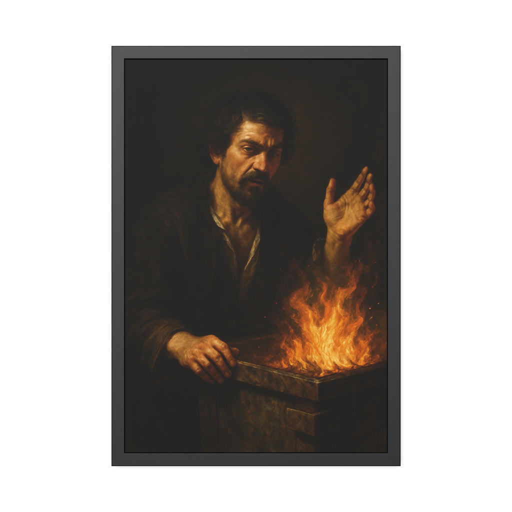 Man holding one hand high over the flames of an open burning bin. Self-Portrait Commanding the Light by Garabaggio, framed fine art print hanging in a room.