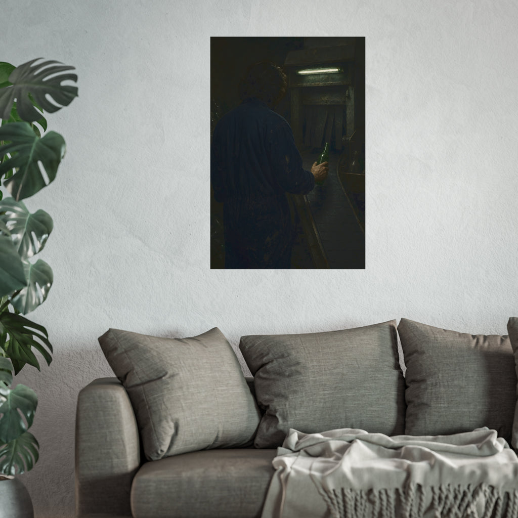A man in coveralls sets a green bottle on a conveyor under a strip light. Garabaggio at the Conveyor by Garabaggio, fine art print hanging in a room.