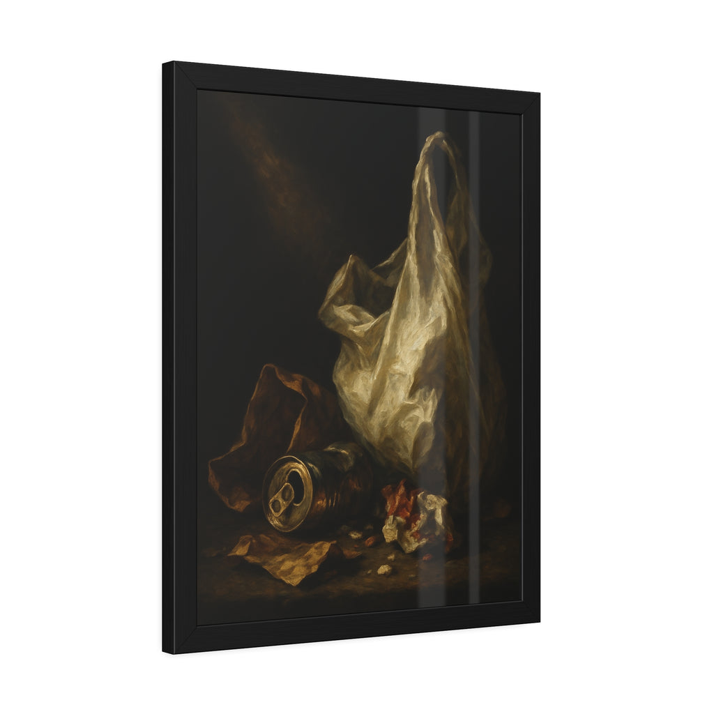 A white plastic bag standing upright in a shaft of light. The Annunciation of the Plastic Bag by Garabaggio, framed fine art print hanging in a room.