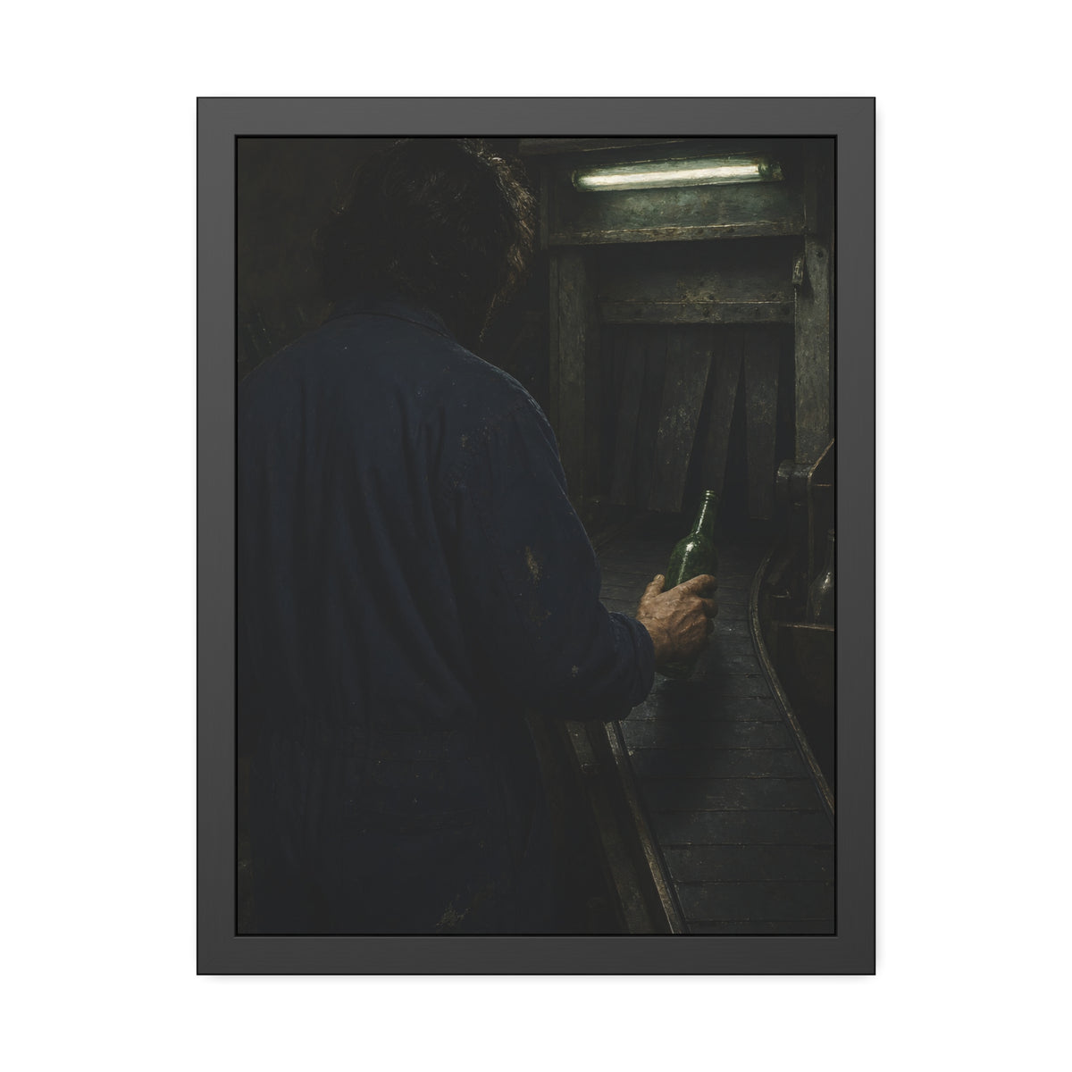 A man in coveralls sets a green bottle on a conveyor under a strip light. Garabaggio at the Conveyor by Garabaggio, framed fine art print, 18″ x 24″.