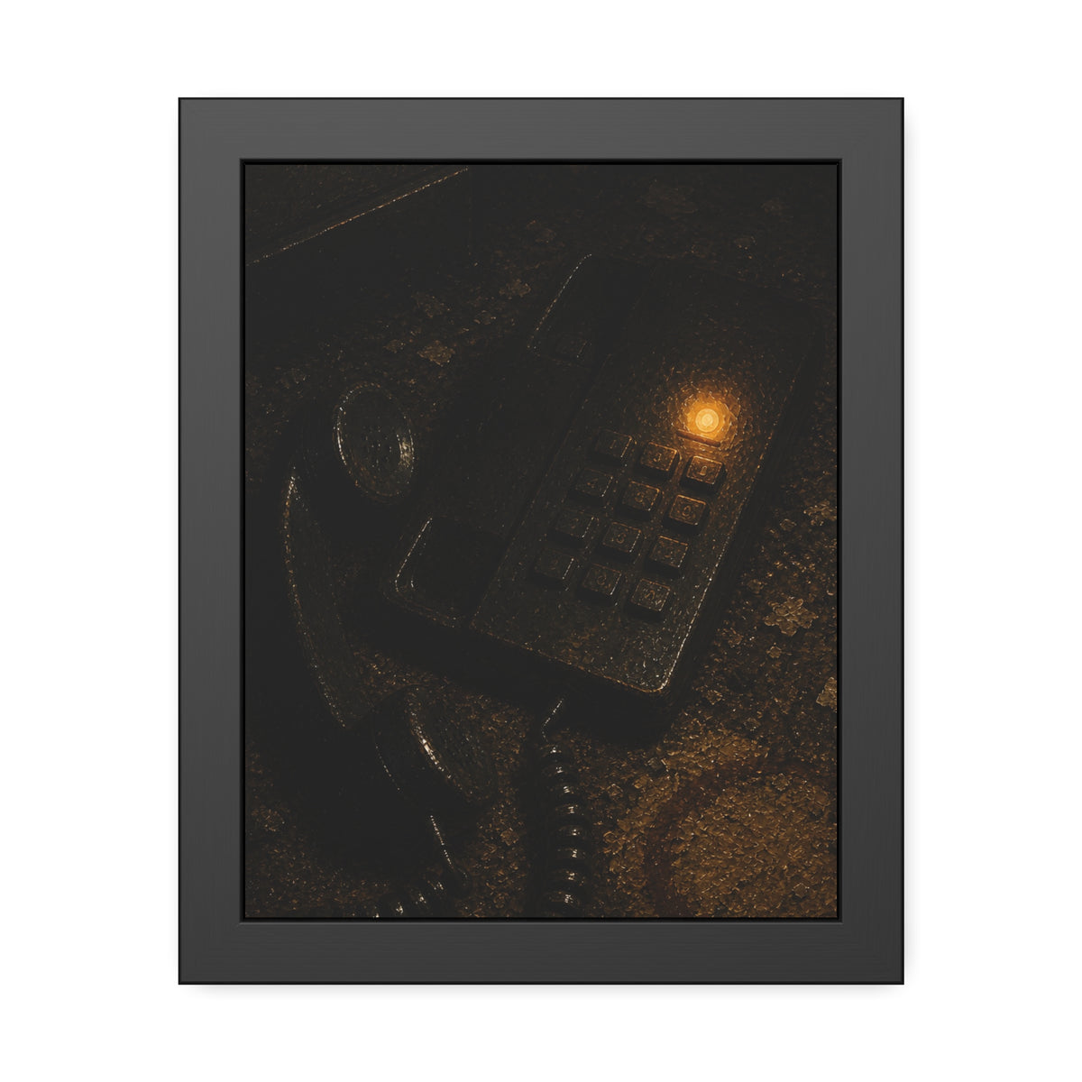 A desk phone with the handset off the hook and one amber light glowing. The Line Still Rings by Garabaggio, framed fine art print, 11″ x 14″.